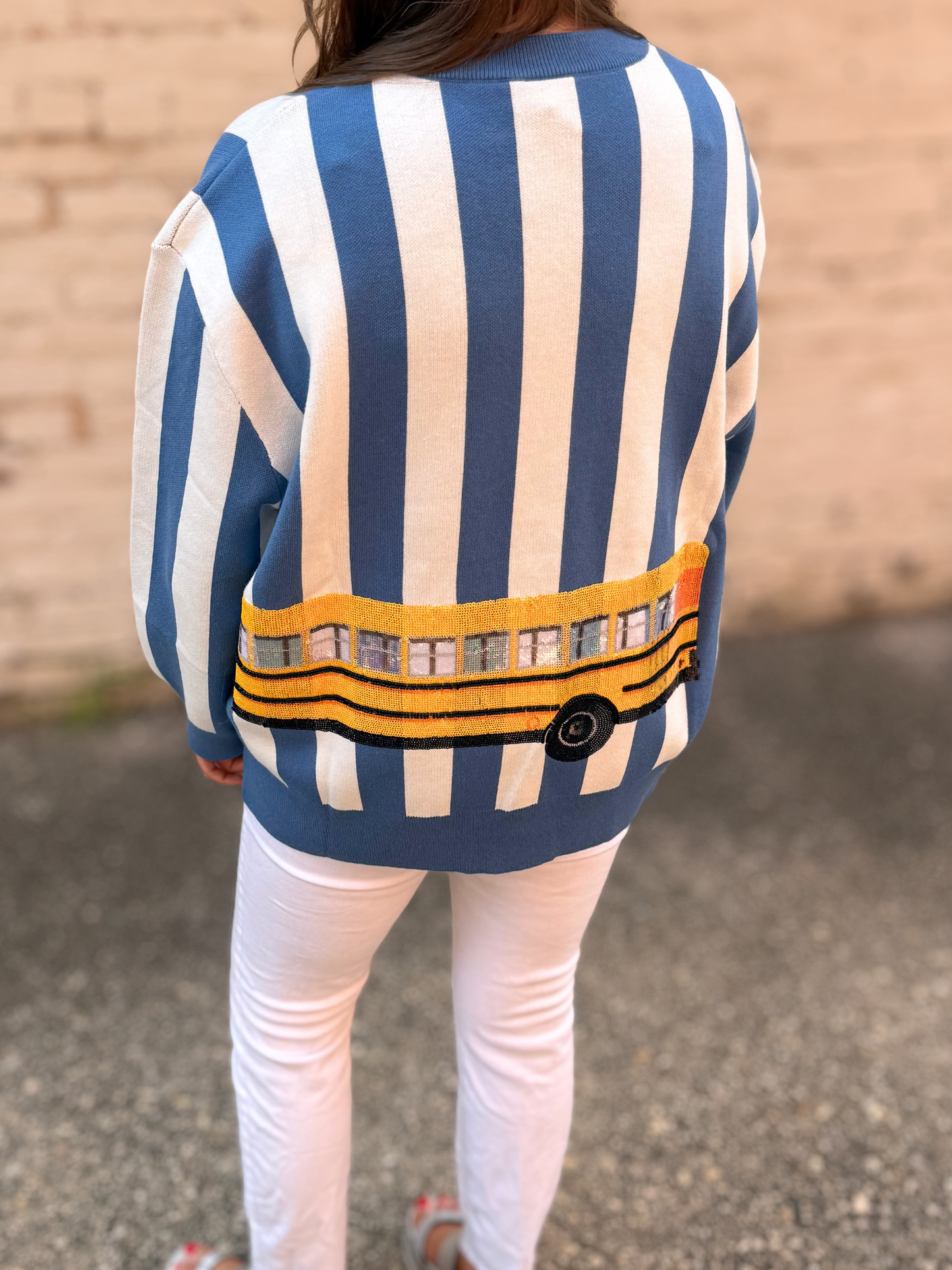 QOS Blue Striped School Bus Sweater