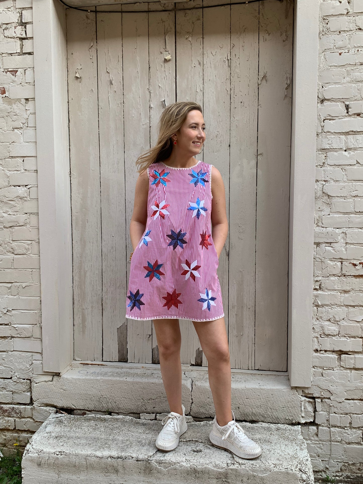 QOS Red & White Stripe Pinwheel Dress