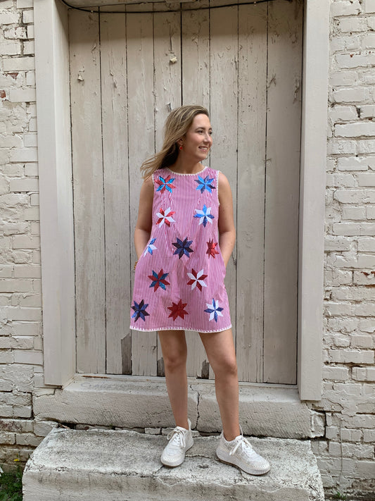 QOS Red & White Stripe Pinwheel Dress