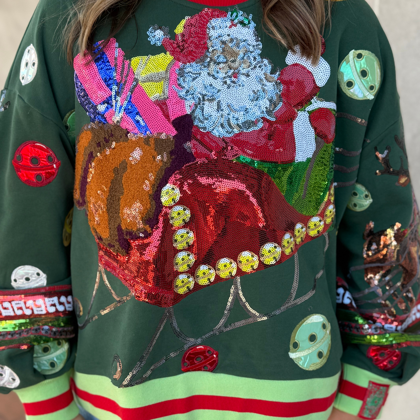 QOS Dark Green Vintage Jingle Bell Santa Sweatshirt
