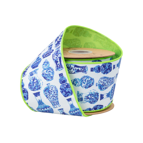 4" Chinoiserie Ribbon w/ Green Back 10 yd