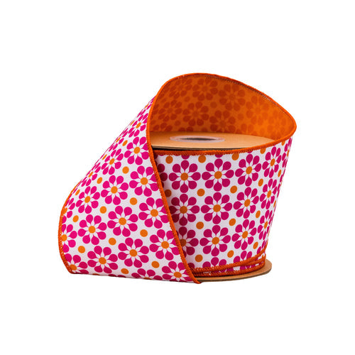 Pink & Orange Geometric Floral Ribbon 4"-10yd