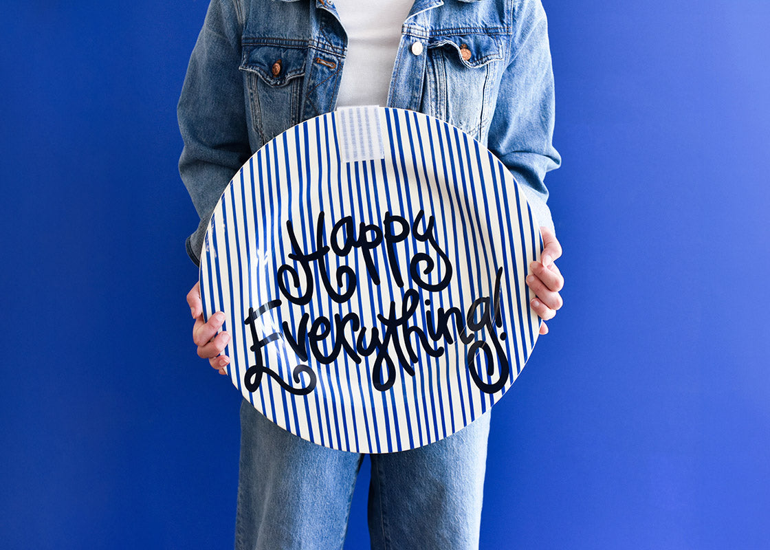 Happy Everything Indigo Skinny Stripe Big Happy Everything Round Platter