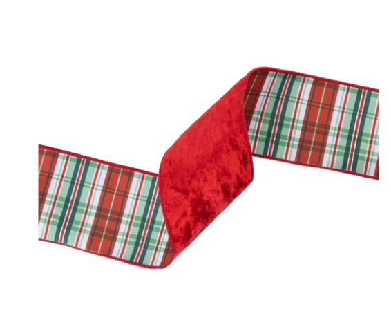 4" Velvet Ribbon with Holly Plaid Backing