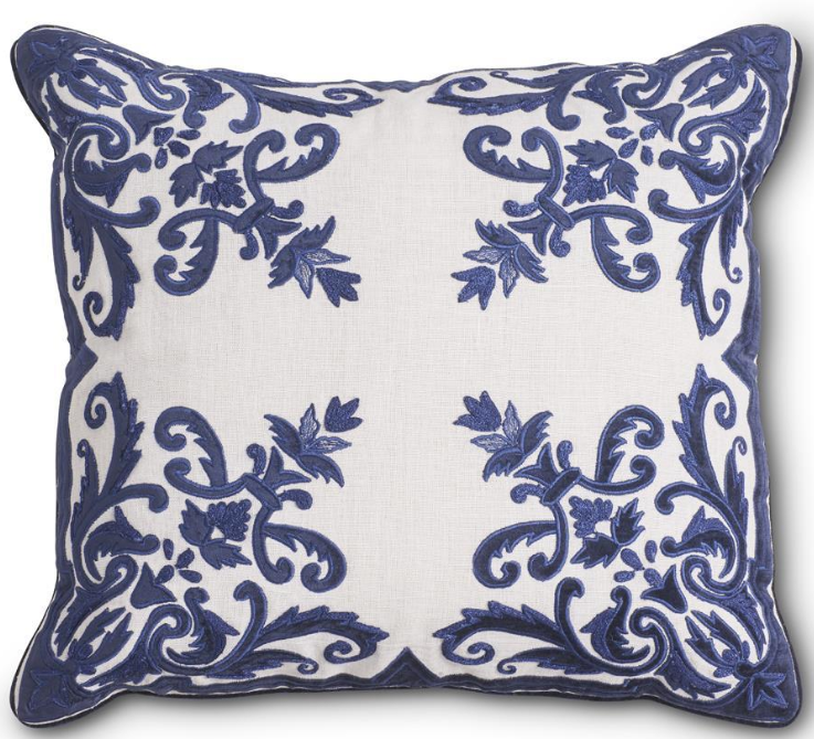 Royal Blue & White Embroidered Pillow