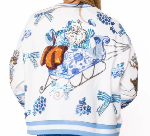 QOS Blue & White Flower & Bow Vintage Santa Sweatshirt