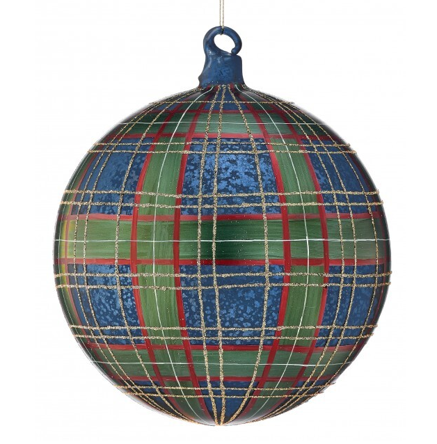 6" Red Glitter Plaid Ball Ornament