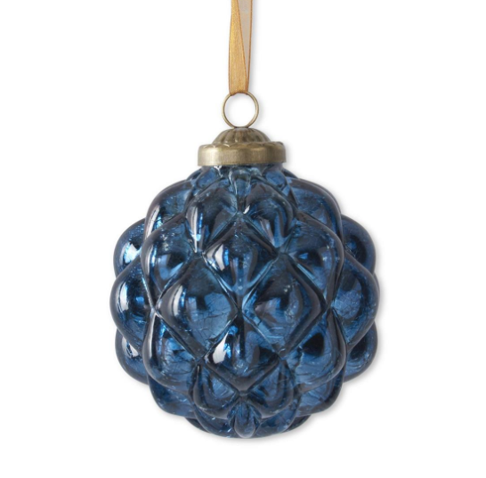 Blue Mercury Glass Round Hobnail Ornament
