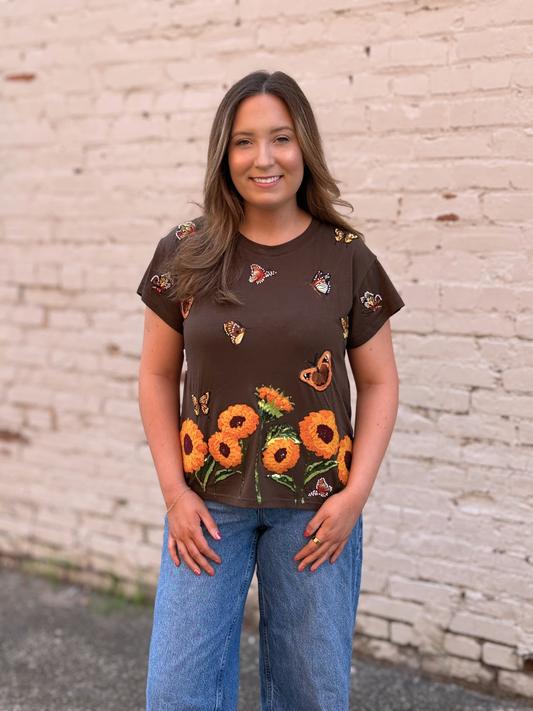 QOS Brown Beaded Sunflower Tee