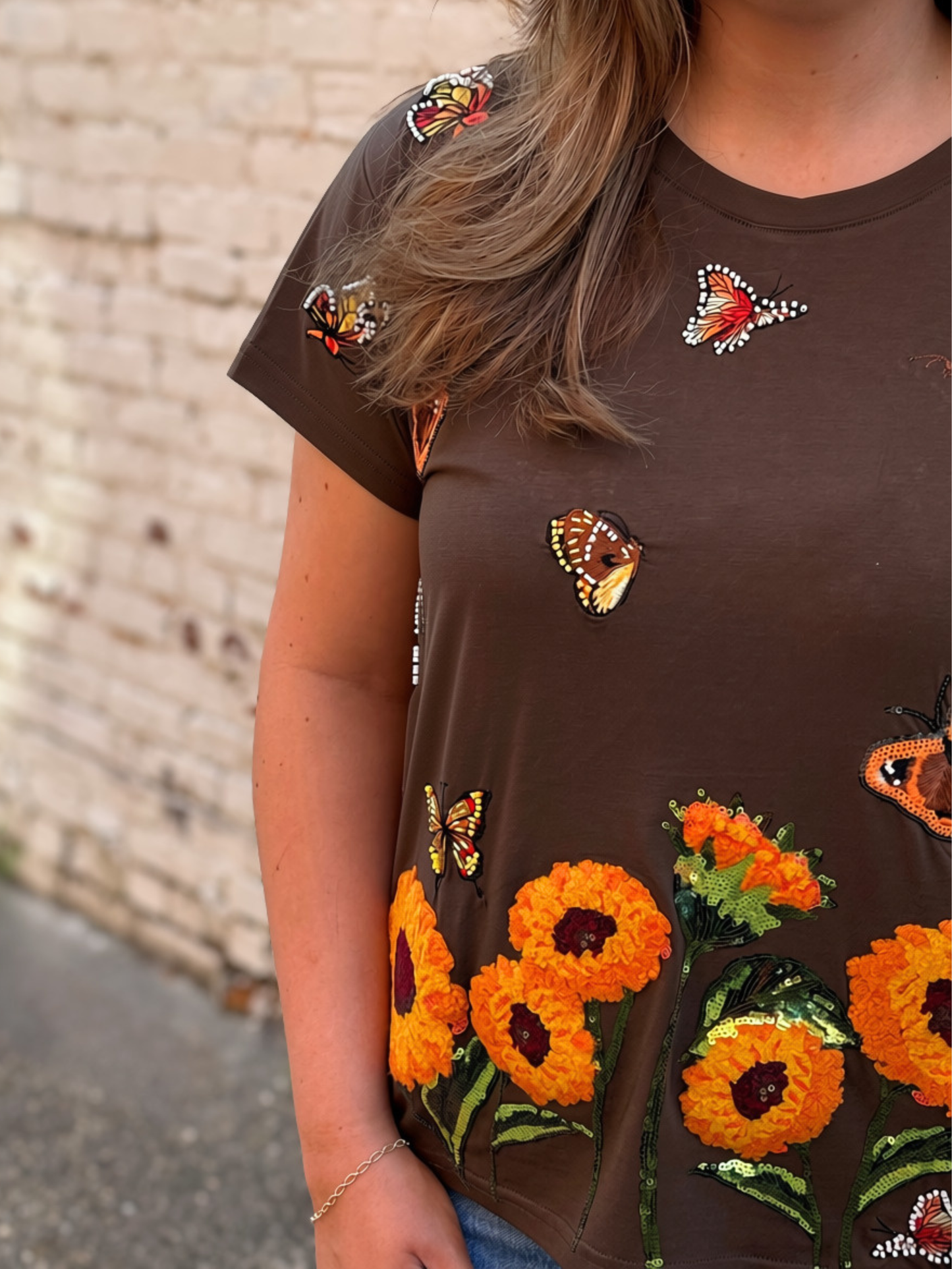 QOS Brown Beaded Sunflower Tee