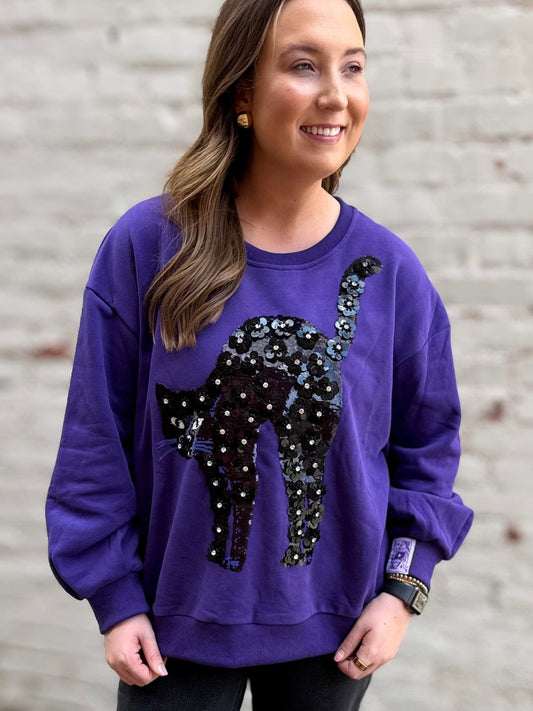 QOS Purple Sequin Flower Cat Sweatshirt