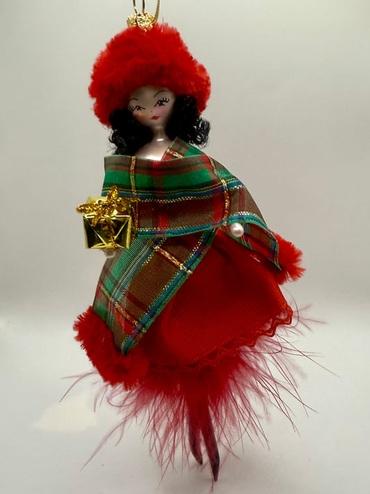 De Carlini Fashion Lady in Red Skirt and Plaid Stole