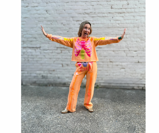 QOS Neon Orange Skeleton Sweatshirt