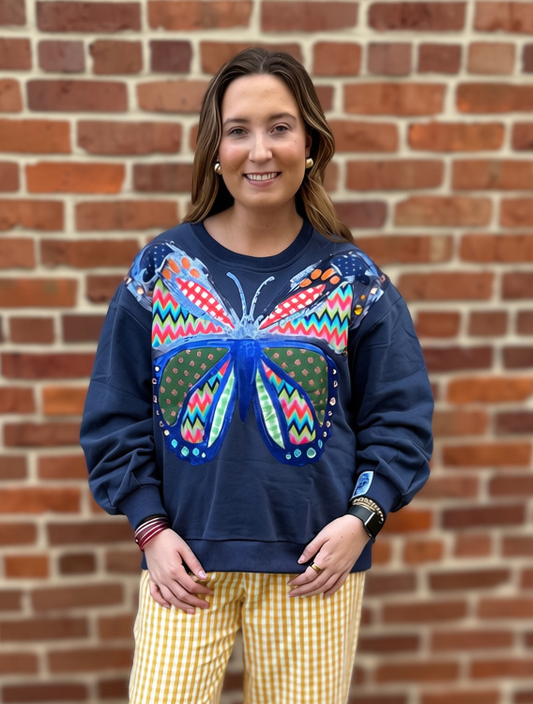 QOS Navy Patchwork Butterfly Sweatshirt
