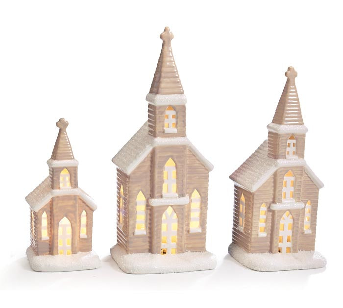 Taupe Lighted Snowy Church