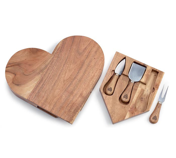 Acacia Wood Heart Cheese Board Set