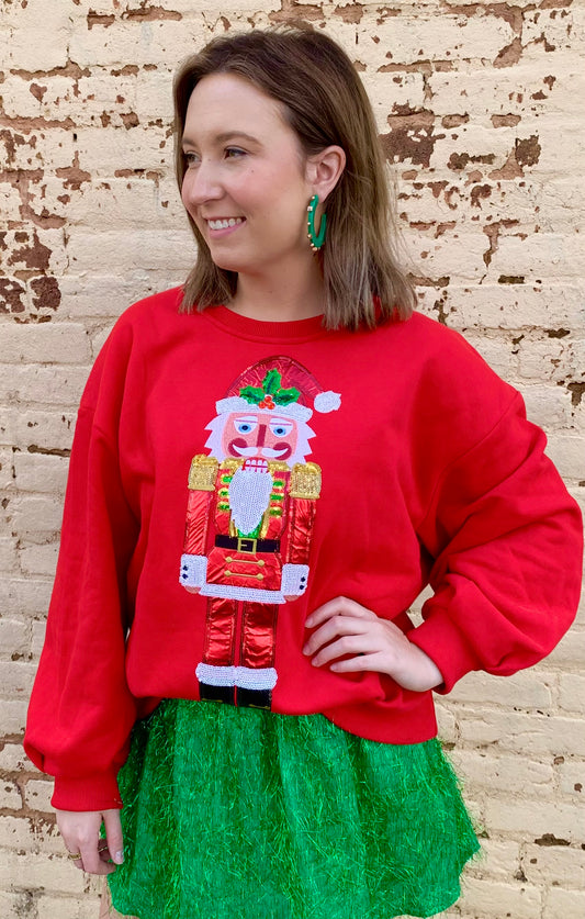 QOS Red Metallic Santa Nutcracker Sweatshirt