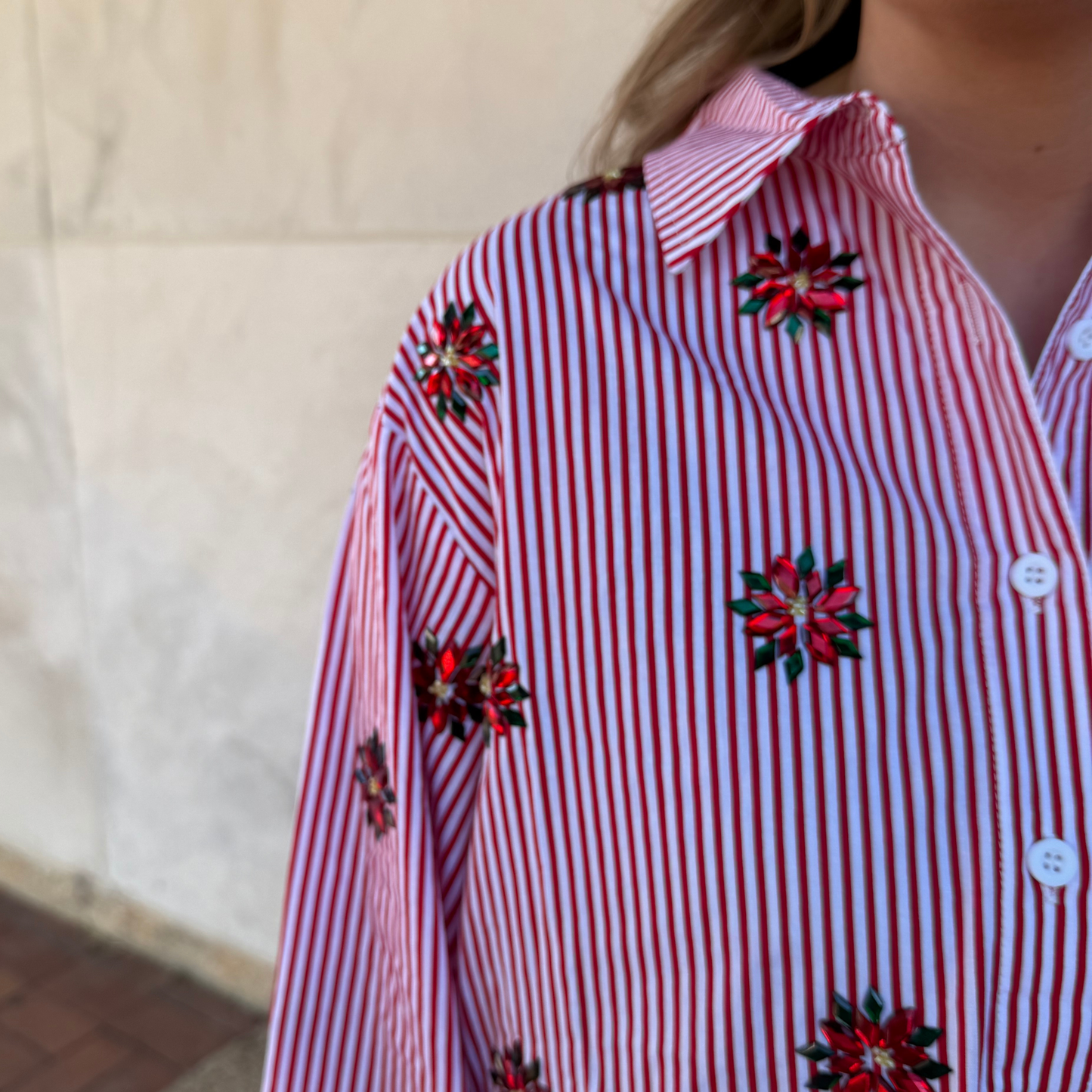 QOS Red & White Striped Poinsettia Button Up