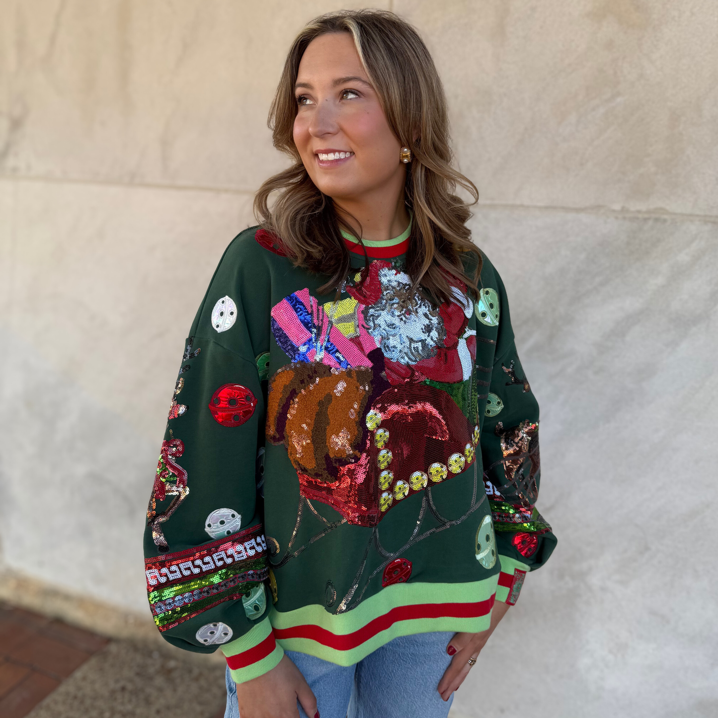 QOS Dark Green Vintage Jingle Bell Santa Sweatshirt