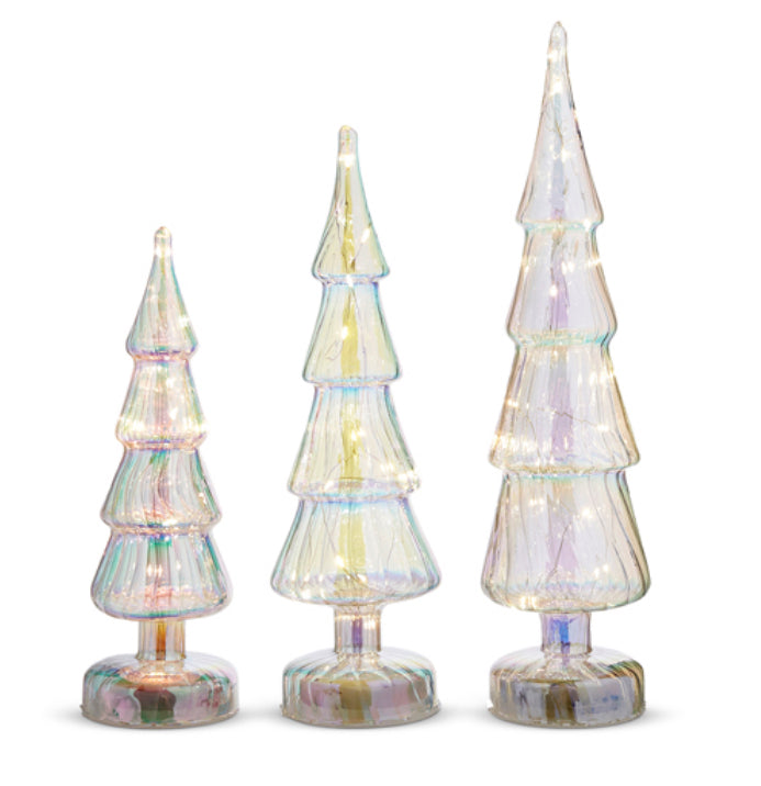 Lighted White Iridescent Glass Trees- set of3