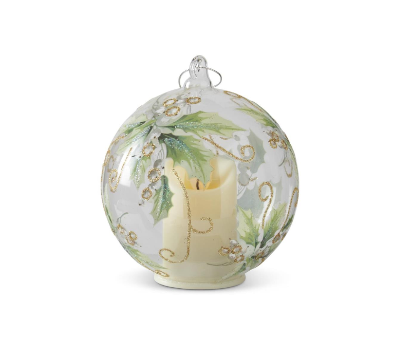 LED Candle Glass Ornament with White Holly