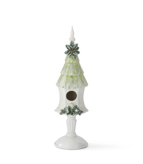 Green and White Glittered Birdhouse on Pedestal