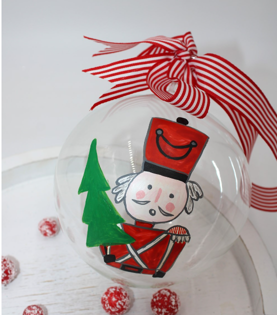 Handpainted Red & Green Toy Soldier Glass Ornament