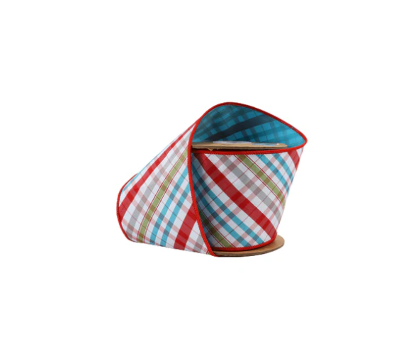 Retro Plaid Taffeta Ribbon with Turquoise Backing