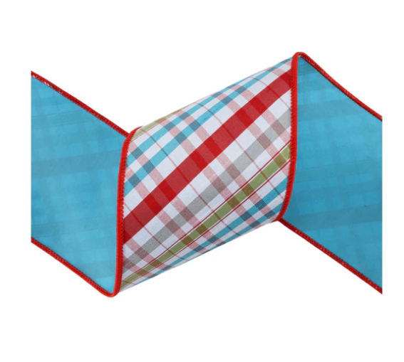 Retro Plaid Taffeta Ribbon with Turquoise Backing