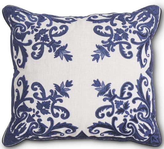 Royal Blue & White Embroidered Pillow
