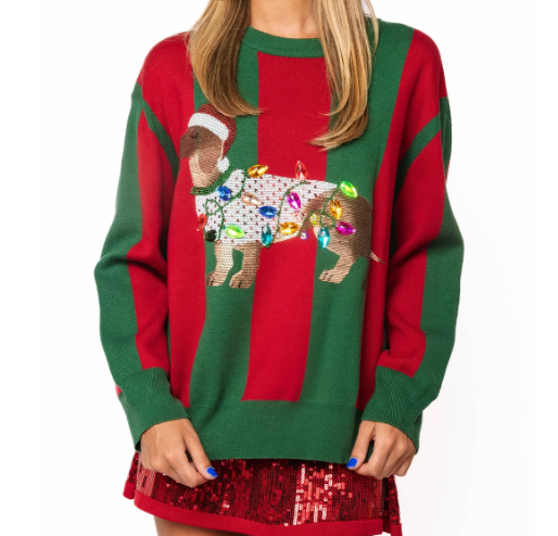 QOS Red and Green Striped Weenie Dog Sweater
