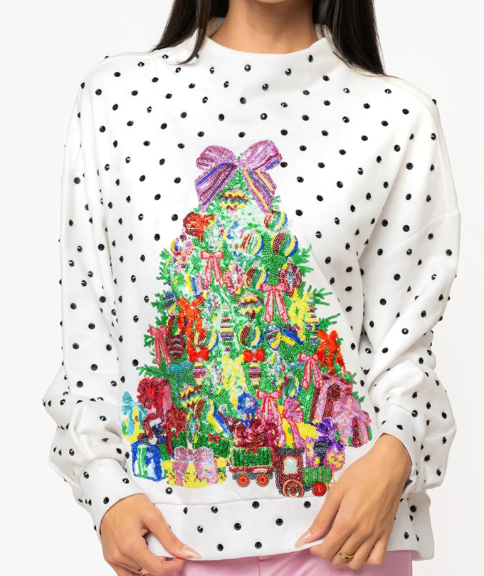 QOS White and Black Polka Dot Multi Christmas Tree Mockneck