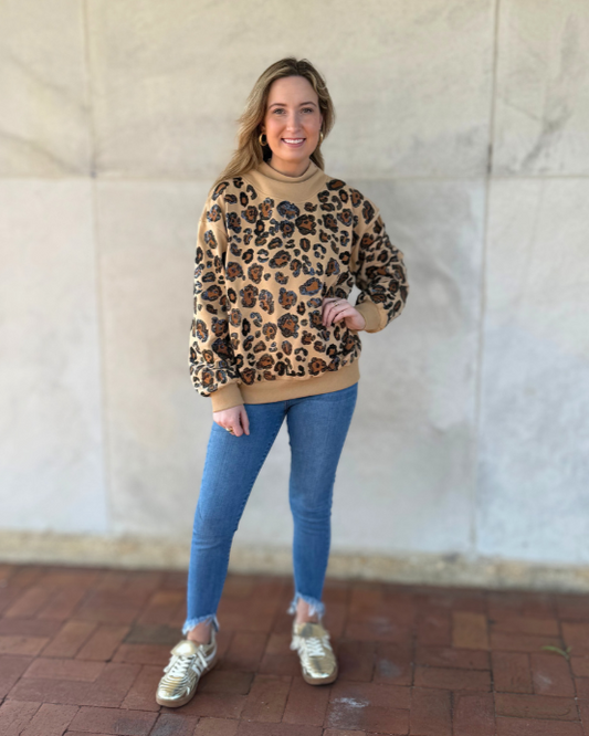 QOS Leopard Mock Neck Sweatshirt