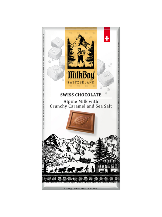 Milkboy Swiss Chocolate Bar- Milk Chocolate with crunchy Caramel and Sea Salt