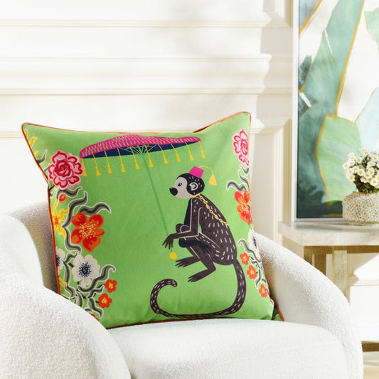 Green Monkey Pillow with Leopard Backing
