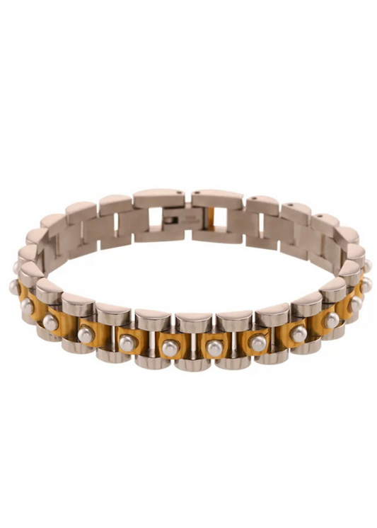 HJane Two Toned Pearl Wristwatch Chain Bracelet
